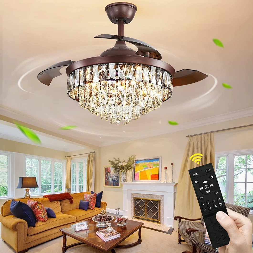 Luxury Design 42 Inch Folding Hidden Blade High Quality Chandelier Crystal Ceiling Fan